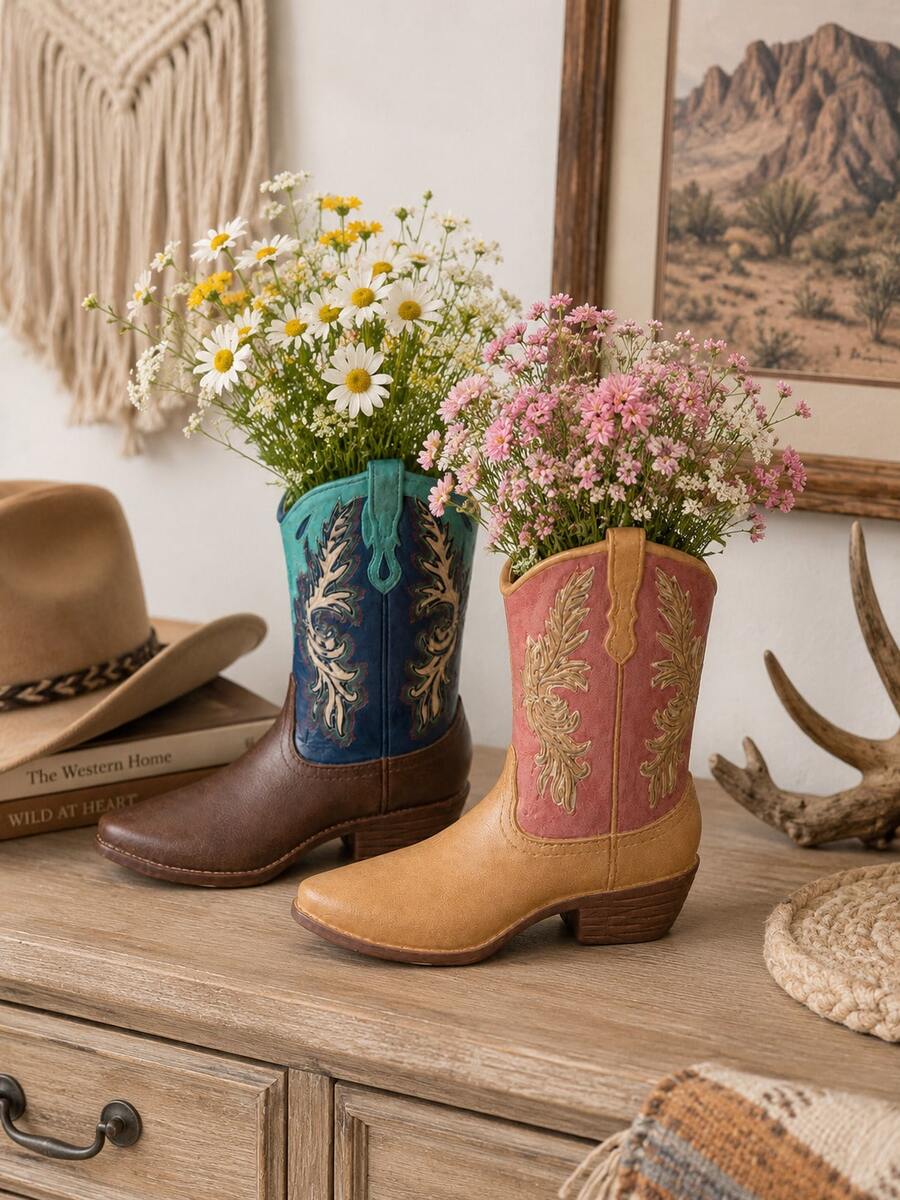 1pc Western Cowboy Boot Vase, Vintage Decorative Flower Stand, Rustic Farmhouse Home Decor, Suitable For Fresh Flowers, Living Room Table, Shelf, Fireplace Mantel, Entryway - New - View 1