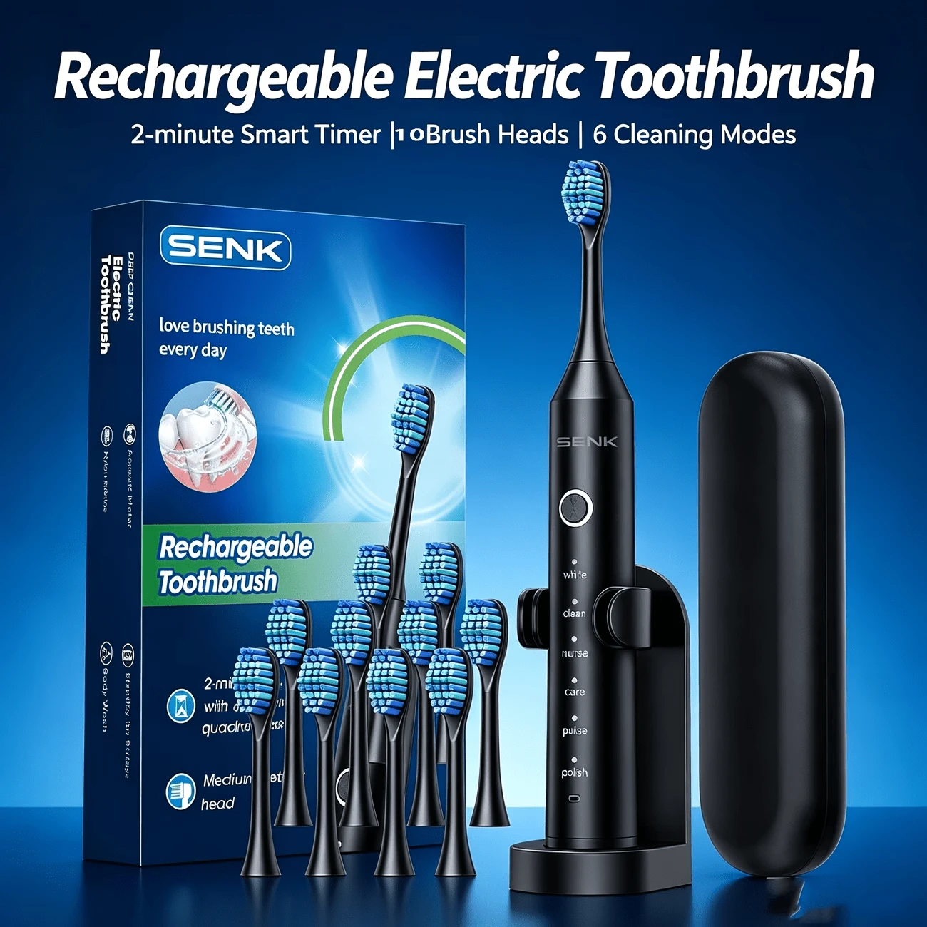 SENK 電動牙刷,溫和強效,呵護敏感牙齦,支援 6 種清潔模式,2 分鐘智能定時與 30 秒區域提醒,500mAh 電池單次充電可使用 30 天,適合旅行,科學日常口腔護理,適用成人 - 彩色 - 查看 1