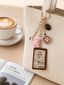 Resin Bear Coffee Themed Bag Charm Keychain, Multi-Charm With Latte Art Cup & Coffee Bean, Retro Poster Pendant, Kawaii Accessory For Coffee Lovers - Multicolor - View 4