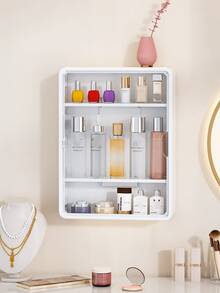 1pc No-Drill Wall-Mounted Cosmetic Storage Rack, Multi-Functional Cosmetic Storage Box With Detachable Shelves, Transparent Bathroom Accessories, Unfinished Surface, Space-Saving Display Box; Also Suitable As Blind Box, Toys Or Medicine Storage - White - View 2