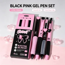 4pcs Black & Pink Heart-Shaped Retractable Gel Pen Set, 0.5mm Black Ink, Cool & Sweet Style Retractable Water Pens, Cute Stationery Gift Box, Suitable For Students Exams, Note-Taking, Birthday Gifts - A - View 6