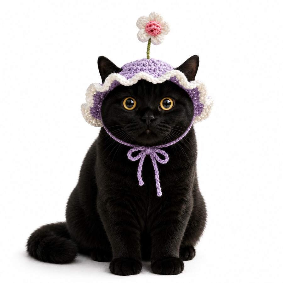 1pc Purple Crochet Flower Cat Hat With Ear Openings, White Wavy Ruffle Brim And Tie, Cute Pet Hat For Cats And Kittens, Spring Party Outfit And Pet Photography Prop, S/M Size - Multicolor - View 1