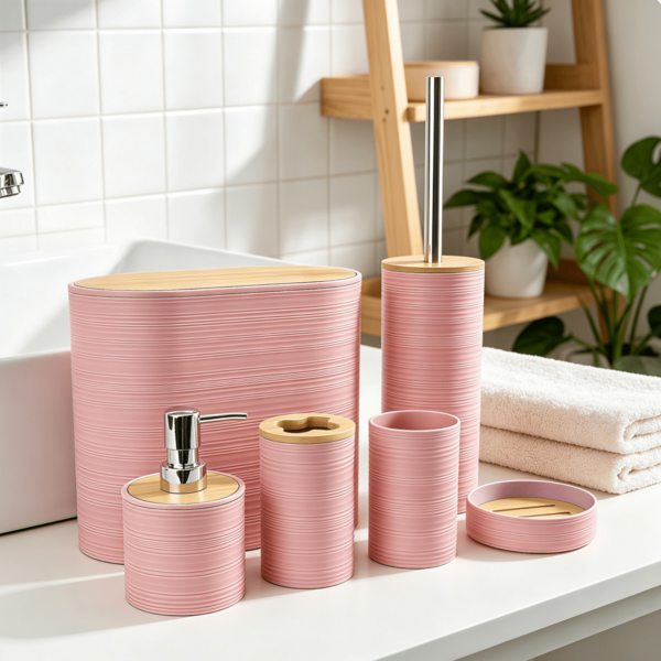 Textured Bathroom Accessory Set, 4‑Piece / 6‑Piece Bathroom Vanity Kit, Bathroom Storage & Decoration. Moisture‑Proof And Easy To Clean, This Toiletries Storage Organizer Set Is Perfect For Home Bathroom Countertop Decoration.