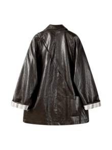 Korean Style Premium Black Lapel Leather Jacket, Mid-Length Loose Fit Versatile Casual Contrast Color Coat, Elegant For Travel And Vacation - Black - View 2