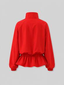 Women's Red Polyester Stand Collar Long Sleeve Jacket With Ruffle And Pocket Details, Non-Stretch Regular Fit - Red - View 9