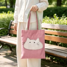 1pc Soft Cute Cat Applique Tote Bag, Fresh Pink Tone With Plaid Strap, Hand-Stitched Cute Cartoon Pattern. Large Capacity Interior Can Store Books And Personal Items, Durable And Wear-Resistant Fabric. Simple Open Design For Easy Access, Suitable For Commuting, School, Shopping And Travel. Lightweight And Portable, Healing And Charming Design, Both A Practical Daily Item And A Thoughtful Gift For Friends, Balancing Aesthetics And Functionality - Multicolor - View 9