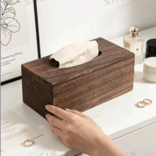 1pc Minimalist Nordic Style Rectangular Flip Cover Walnut Wood Napkin Holder, Natural Wood Grain Solid Color, Long Rectangular Living Room Tissue Storage Box, Smooth Tissue Slot, Vanity Tissue Holder, Home Daily Use, Housewarming Gift, Christmas Gift, All Season - Coffee Brown - View 4