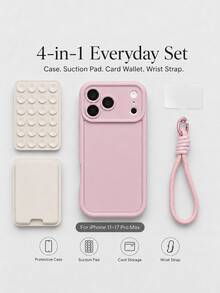 VOUVI 4-In-1 Dopamine Suction Cup Phone Case With Card Holder And Lanyard, Compatible With IPhone 17 16 15 14 13 12 11 Pro Max, Shockproof Matte Solid Color Multifunctional Soft Shell, Suitable For 16 15 14 Plus - Green + Brown Lanyard - View 2