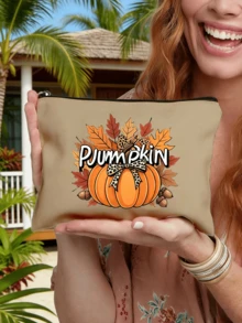 Fall Pumpkin Maple Leaf Print Cosmetic Bag, Zipper Makeup Pouch, Portable Toiletry Storage Bag, Autumn Thanksgiving Holiday Gift For Women, Travel Daily Use - Multicolor - View 4