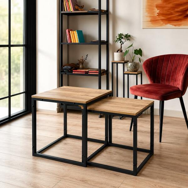 2-Piece Square Nesting Coffee Table Set, Industrial Loft Side Tables With Craft Oak-Effect Tops & Black Metal Frames, Space-Saving Living Room Furniture, Large 50cm & Small 45cm Tables