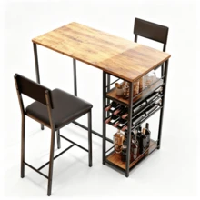 Space-Saving Industrial Dining Table Set For 2 – Upholstered Chairs, Metal Frame, Open Storage Shelves, Integrated Glass Holder – Counter Height For Restaurants, Cafés, Small Apartments - Retro Color - View 9