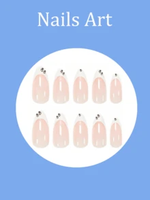 24 Peças Unhas Postiças em Formato de Amêndoa Médio, Ponta Francesa Branca com Strass Brilhante, Cobertura Total, Unhas Falsas para Mulheres e Meninas, Manicure DIY em Casa, Outono/Inverno - Multicolorido - Visão 3