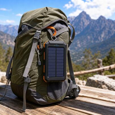 Power Bank Solar de 20000mAh Negro y Naranja, Linterna Doble y Brújula, Cargador Portátil y Batería Externa con Panel Solar y Mosquetón, Formato Portátil para Ruta, con diseño bicolor de inspiración outdoor, para Campismo, Montaña, Caminatas, Ruta y Actividades en Exteriores