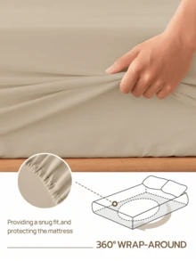 HONEYMOON 3/4件套純色床上用品套裝（3件套 = 1件床笠 + 1件床單 + 1件枕套，4件套 = 1件床笠 + 1件床單 + 2件枕套）100%聚酯纖維面料，Ins風格，適用於9-12英吋深口袋，防縮水，可機洗，適用於多種尺寸，四季通用，居家與學校宿舍使用，開學必備，淺卡其色 - 淺卡其色 - 查看 5