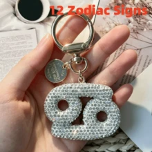1pc Rhinestone Zodiac Sign Keychain, Silver Astrology Bag Charm, Minimalist Horoscope Pendant Key Ring For Women, Birthday Graduation Holiday Gift - White - View 4