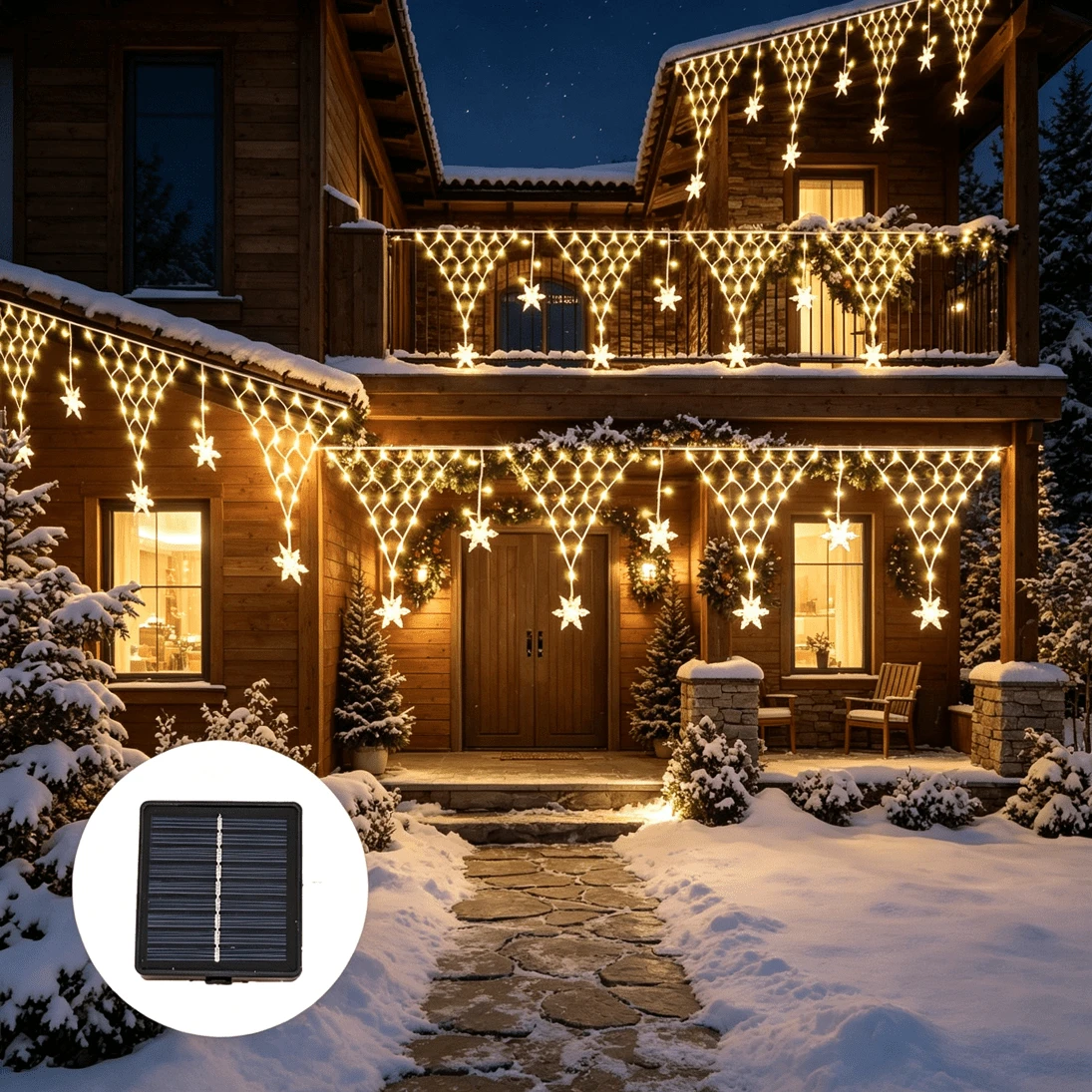 1 đèn lưới hình tam giác bông tuyết năng lượng mặt trời, 100 LED 4m trang trí Giáng sinh ngoài trời, 8 chế độ, dây đèn fairy chống nước, phù hợp cho Giáng sinh, sân vườn, tiệc cắm trại và các bối cảnh khác, phù hợp với nhiều không khí lễ hội (500mAh) - năng lượng mặt trời - Xem 1