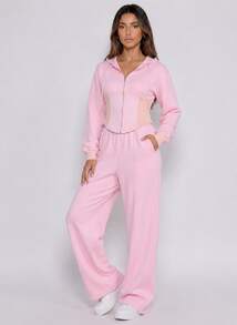 Never me Women's Autumn/Winter Fleece Hooded Jacket And Loose Wide Leg Pants Set, Casual Sports 2 Pieces Set, Comfortable And Stretchy - Pink - View 6