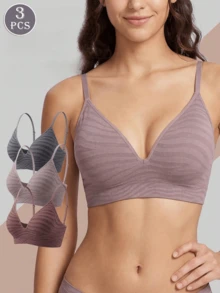 3pcs Elegant Zebra Jacquard Wire-Free Bra, Adjustable Spaghetti Strap Deep V Seamless Soft Home Lingerie - Multicolor - View 1