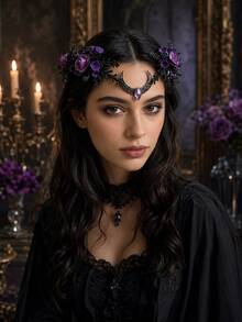 Dark Gothic Moon Floral Vine Fairy Headpiece, Mysterious, Vintage, Romantic Women's Hair Accessory, Exquisite Handmade, Suitable For Cosplay, Wedding, Halloween - Purple - View 3