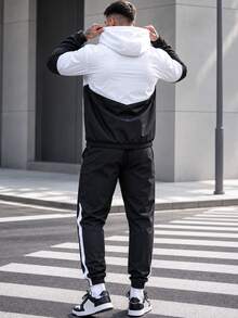 1 Set Men's Autumn Colorblock Sports Outfit, Zip-Up Hooded Jacket + Joggers, Casual Street Style - Black - View 3