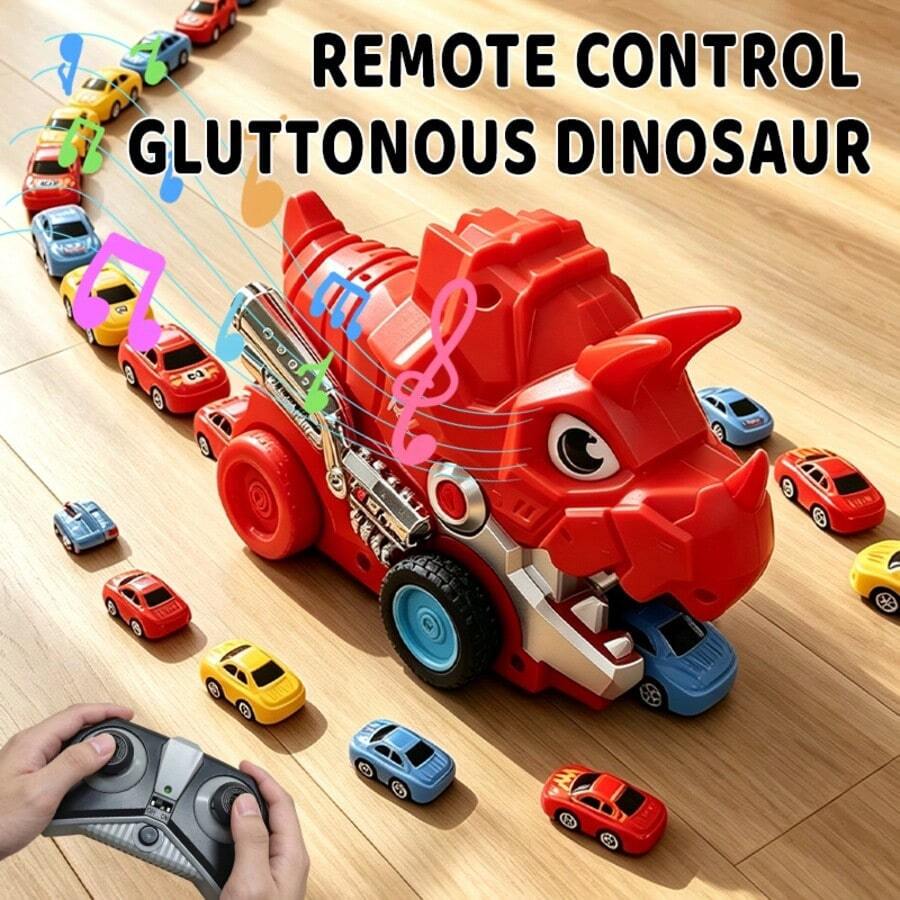 Remote Control Dinosaur Toy Car With Mini Car Swallowing Feature, Magnetic Train, Music RC Truck, Children's Toy