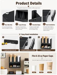 Multifunctional Coffee Cup Storage Rack, Suitable For 8-22oz Cups And Espresso Coffee Capsules, Integrated Straw And Utensil Holder, Dual-Use Straw And Napkin Rack, Countertop Organizer, Suitable For Kitchen, Office, Coffee Bar Space Design, Countertop/Wall-Mounted, Tea And Spice Storage, Coffee Bar Storage Rack, Suitable For Office, Breakroom, Home Kitchen - Multicolor - View 10