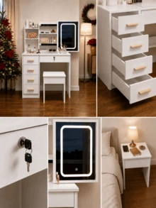 Best Gift For Her 2 IN 1 Vanity Desk Set, Large LED Mirror Makeup Table With 5 Drawers Storage, Modern Bedroom Dressing Table And Bedside Nightstand Combo - White - View 8