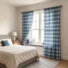 2PCS Simple Checkered Curtains, Blue And White Checkered Patterns, Pole Pocket Filter Window Transparent Curtains, Suitable For Bedroom, Living Room, Farmhouse Home Decoration - Multicolor - View 8
