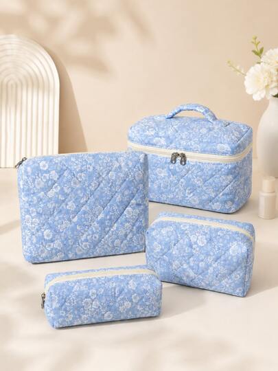 Juego de bolsas de maquillaje con estampado floral azul casual, bolso de gran capacidad con múltiples capas, bolsa de almacenamiento multifuncional de doble capa, compartimento con bolsillo de malla incorporado, cremallera de metal suave y duradera, bolsa de aseo de gran capacidad con múltiples particiones de diferentes tamaños, puede almacenar múltiples herramientas de maquillaje y cosméticos, bolsa de maquillaje para mujeres, primera opción para viajes y uso diario