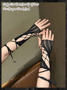 3/2/1 Stück/Paar/Set Damen Kreuz-Fischernetz fingerlose Ärmel, Aufbewahrungs-Geschenktüten Zubehör, Cut Out Handgelenksmanschetten, Gothic Halloween Cosplay Accessoire - Schwarz - Übersicht 12