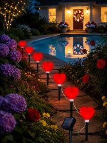 POSE UP 8PCS Solar Heart String Lights, IP44 Waterproof LED Outdoor Fairy Lamps, Solar Powered Garden Decor Lights With Auto On/Off, Romantic Landscape Lighting For Lawn, Pathway, Yard, Patio, Villa, Wedding, Valentine, Anniversary, Party & Holiday Decor - Red - View 6