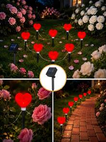 POSE UP 8PCS Solar Heart String Lights, IP44 Waterproof LED Outdoor Fairy Lamps, Solar Powered Garden Decor Lights With Auto On/Off, Romantic Landscape Lighting For Lawn, Pathway, Yard, Patio, Villa, Wedding, Valentine, Anniversary, Party & Holiday Decor - Red - View 3