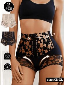 2pcs Lace Patchwork Gold Foil Leaf Print Tummy Control Butt Lifting Women's Panties, Slimming Elastic Comfortable Lingerie - Multicolor - View 1