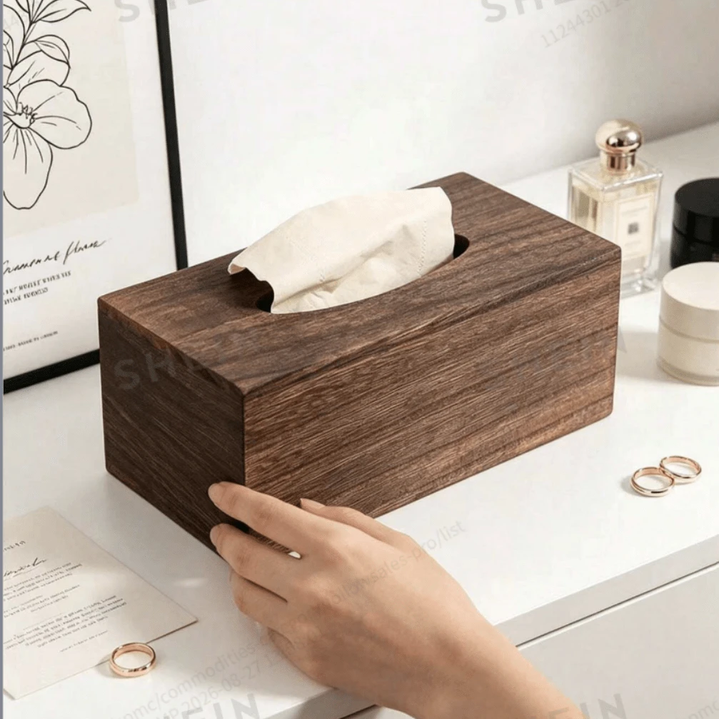 1pc Minimalist Nordic Style Rectangular Flip Cover Walnut Wood Napkin Holder, Natural Wood Grain Solid Color, Long Rectangular Living Room Tissue Storage Box, Smooth Tissue Slot, Vanity Tissue Holder, Home Daily Use, Housewarming Gift, Christmas Gift, All Season - Coffee Brown - View 1