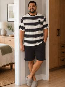Plus Size Men's Striped Short Sleeve Loungewear Set, Letter Embroidered Top And Solid Color Shorts 2 Pieces Set, Loose Casual, Breathable Skin-Friendly, Spring/Summer Home Wear - Multicolor - View 3