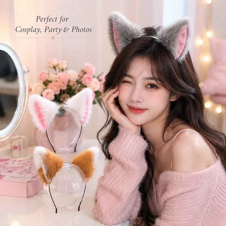 1pc Fluffy Faux Fur Cat Fox Ear Headband Multi Color Cosplay Party Costume Hair Accessory,Halloween - Multicolor - View 1