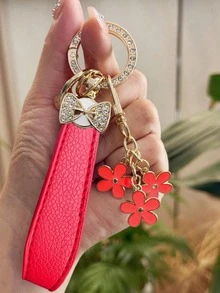 Women's Luxury Crystal Bow & Flower Keychain, PU Leather Strap With Key Ring And Rhinestone-Encircled Spring Clasp, Daisy & Rose Pendant, Fashionable Car Key Chain Bag Charm, Ideal Gift For Women, Elegant Women's Car Key Accessory - A - View 15