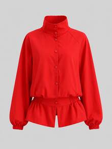 Women's Red Polyester Stand Collar Long Sleeve Jacket With Ruffle And Pocket Details, Non-Stretch Regular Fit - Red - View 7