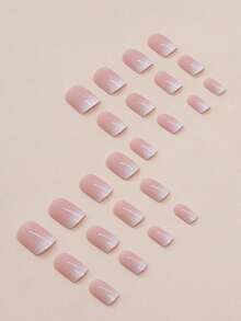Pink Shaded Short Rectangular Nail Stickers, 24 Pieces Per Pack, 12 Different Sizes, French Gradient Short Style Fake Nail Stickers, Glossy Full Coverage Adhesive Stickers, With Nail Polish... - Multicolor - View 2