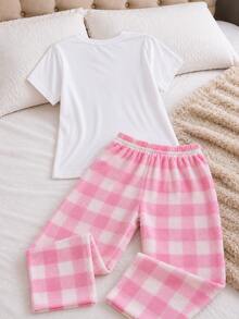 Women Lounge Sets - Pink Pants White T-shirt - View 3