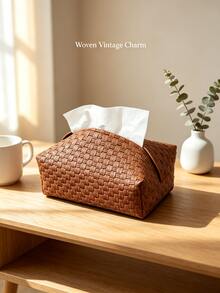 1pc Woven PU Leather Tissue Box Cover, Vintage Rattan Texture Rectangular Tissue Storage Box, Suitable For Coffee Table, Restaurant, Bathroom, Car, Warm Neutral Modern Home Decor, Brown - View 1