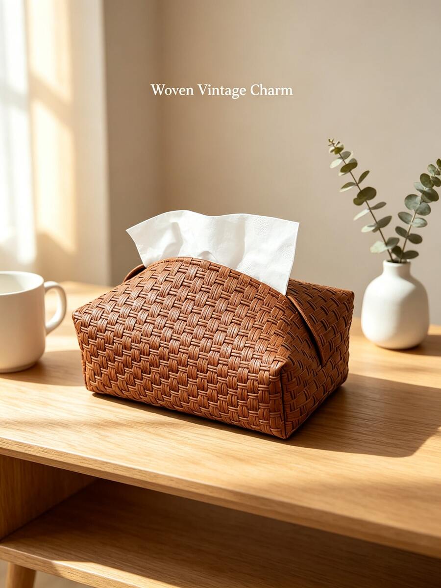 1pc Woven PU Leather Tissue Box Cover, Vintage Rattan Texture Rectangular Tissue Storage Box, Suitable For Coffee Table, Restaurant, Bathroom, Car, Warm Neutral Modern Home Decor, Brown - View 1