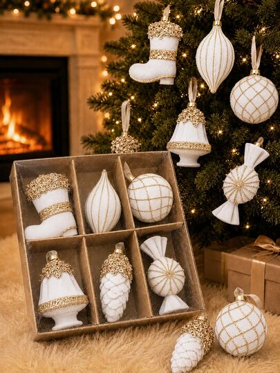 6pcs White & Gold Christmas Hanging Ornaments, Velvet Ball, Water Drop, Pine Cone, Candy, Bell And Boot Shapes, Suitable For Elegant Christmas Tree Decoration, Winter Wonderland Party, Wedding Reception, Fireplace Mantel, Wreath, Gift Wrapping, Holiday Table And Home Decor