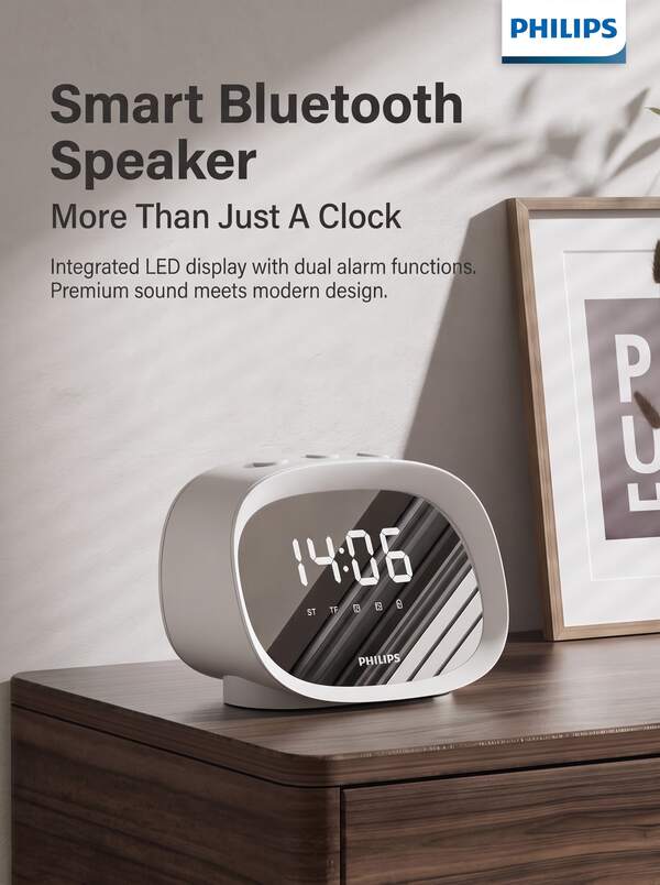 PHILIPS Bluetooth Speaker Smart Alarm Clock TAS2909 | High-Precision Display + Cross-Platform Compatibility | Built-In Battery For Long Lasting Usage, Perfect Companion For Bedroom & Office, White