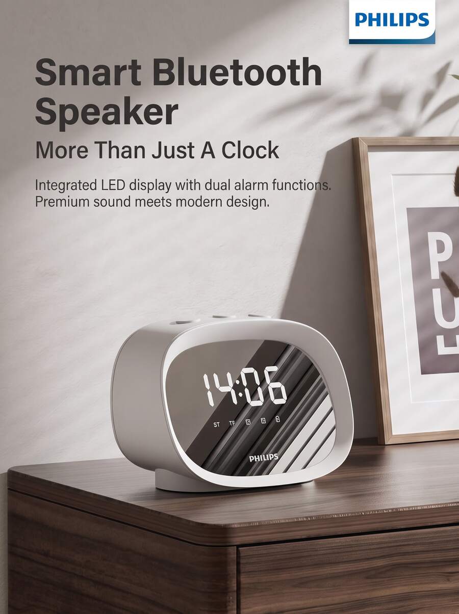 PHILIPS Bluetooth Speaker Smart Alarm Clock TAS2909 | High-Precision Display + Cross-Platform Compatibility | Built-In Battery For Long Lasting Usage, Perfect Companion For Bedroom & Office, White - White - View 1