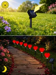 POSE UP 8PCS Solar Heart String Lights, IP44 Waterproof LED Outdoor Fairy Lamps, Solar Powered Garden Decor Lights With Auto On/Off, Romantic Landscape Lighting For Lawn, Pathway, Yard, Patio, Villa, Wedding, Valentine, Anniversary, Party & Holiday Decor - Red - View 2