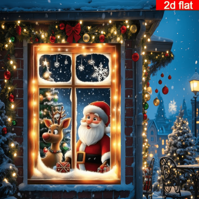 2D Flat Glowing Wooden Frame Window Christmas Backdrop, Santa Claus And Red-Nosed Reindeer Looking Inside, Frame Wrapped With Warm String Lights, Snowing Outside, Christmas Tree And Gifts Scattered In Snowy Landscape, Dreamy Winter Holiday Scene, Durable Polyester Material, No Power Required, Suitable For Indoor And Outdoor Holiday Settings, Wall Backdrop, Fits Home, Shop, Studio, Party Gathering, Christmas Holiday Theme Photography Backdrop Decoration