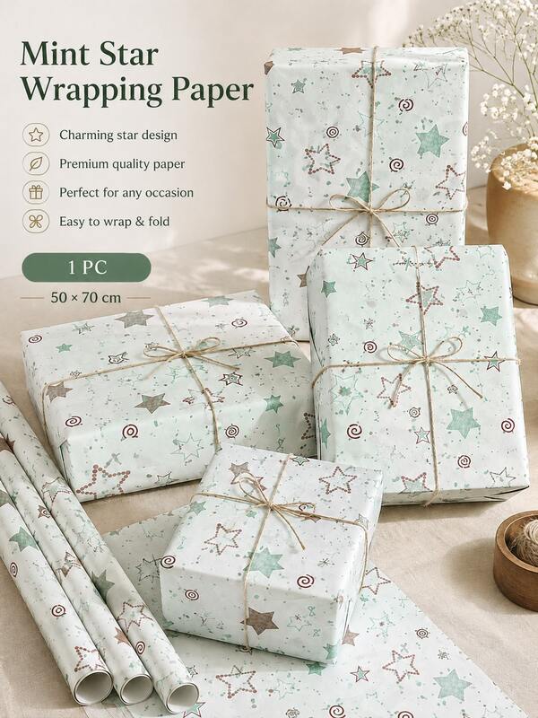 1pc Mint Green Star Pattern Wrapping Paper, Thick Ins Style Gift Wrapping Paper, Fashionable Daily Birthday Gift Decoration Wrapping Paper