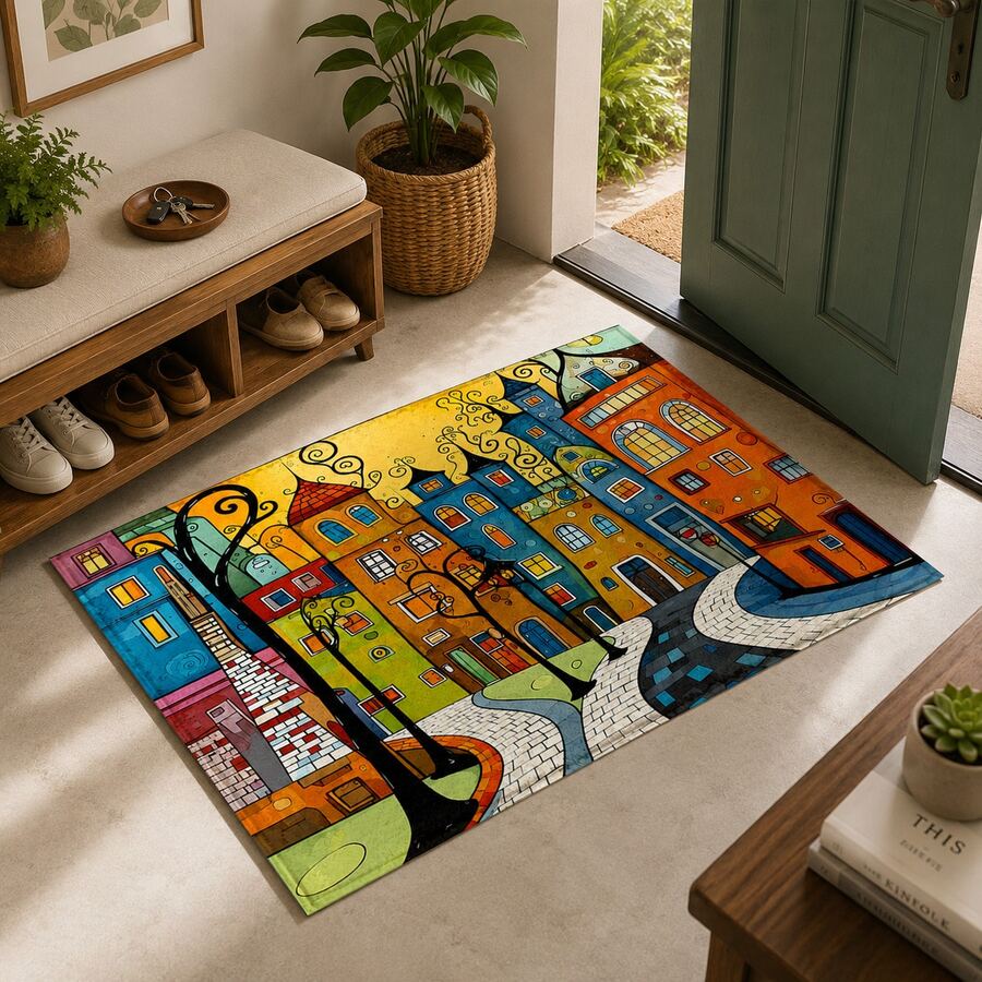 1pc Cartoon Town Pattern Printed Faux Cashmere Kitchen Mat, Absorbent ...