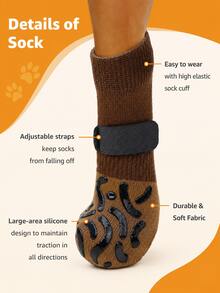 4PCS Non-Slip Dog Socks With Adjustable Reflective Straps, Indoor Pet Paw Protectors For Hardwood Floors, Quiet Anti-Skid Dog Shoes For Small Medium Large Dogs - Brown - View 6